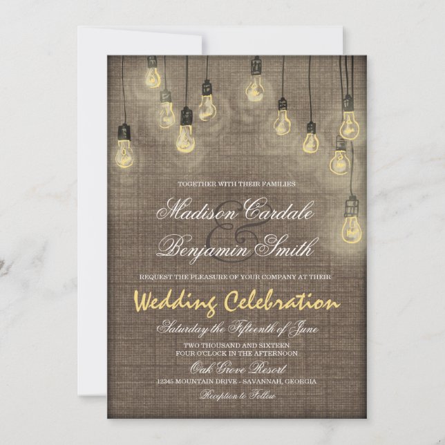 Rustikale Lights Burlap Hochzeitseinladungen Einladung (Vorderseite)