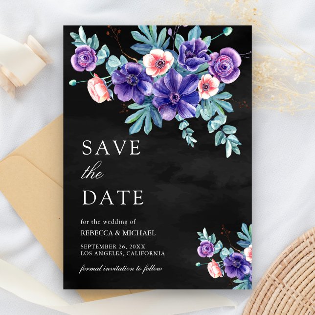 Rustikale Lila Anemones Bouquet Black Wedding Save The Date (Von Creator hochgeladen)
