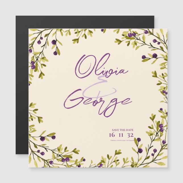 Rustikale lila Beeren-Grün-Hochzeit - Save the Dat Magnetkarte (Vorne/Hinten)