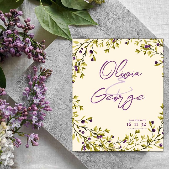 Rustikale Lila Berry-Blätter Hochzeit speichern da (Rustic Purple Berry Leaves Wedding Save the Date)