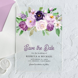 Rustikale lila Blumen-Hochzeit "Save the Date" Acryleinladungen