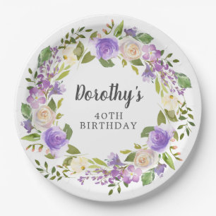 Rustikale lila Blumen zum 40. Geburtstag Pappteller
