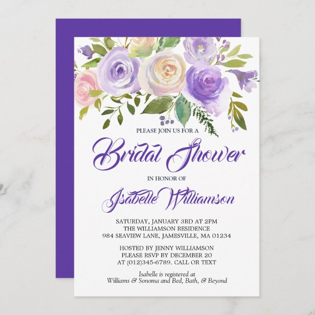 Rustikale Lila Blumendusche Einladung (Vorne/Hinten)