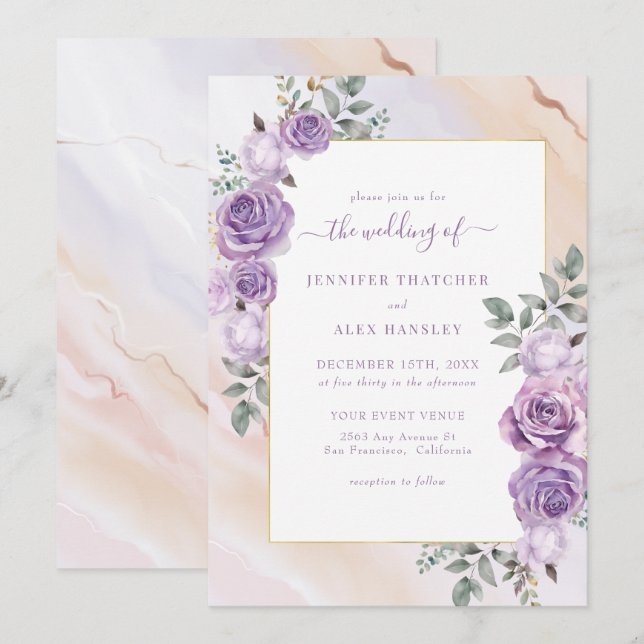 Rustikale Lila Blumenhochzeit Einladung (Vorne/Hinten)