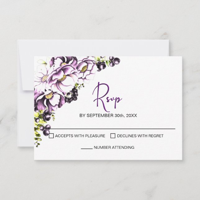 Rustikale Lila Blumenhochzeit RSVP Karte (Vorderseite)