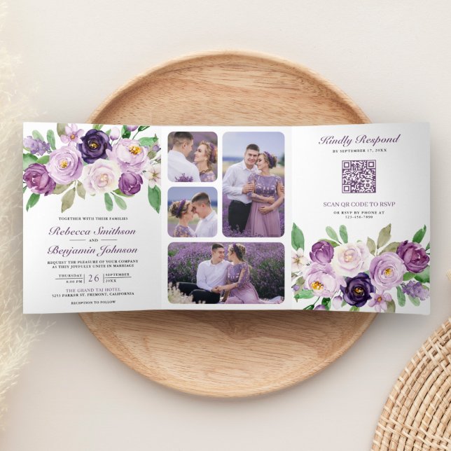 Rustikale Lila Blüten in einem QR-Code Hochzeit Dreifach Gefaltete Einladung (Von Creator hochgeladen)