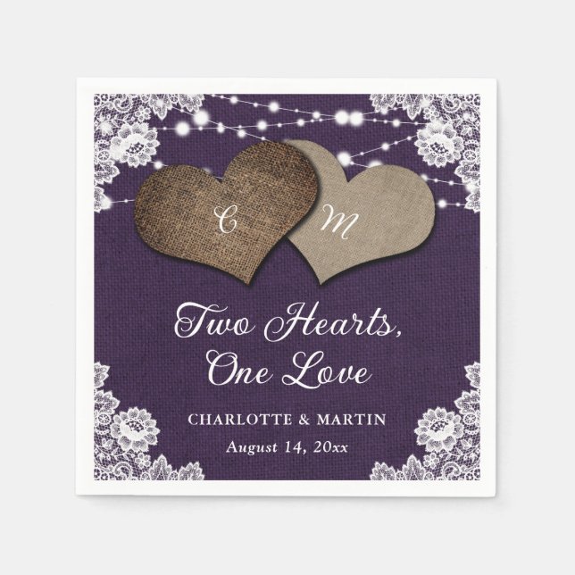 Rustikale Lila Burlap Lace String Lights Hochzeit Serviette (Vorderseite)