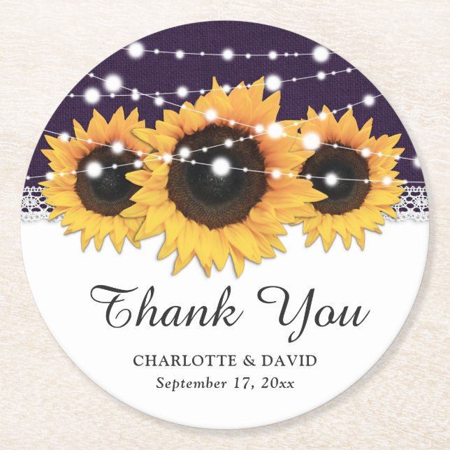 Rustikale Lila Burlap Sonnenblumenhochzeit Runder Pappuntersetzer (Vorderseite)