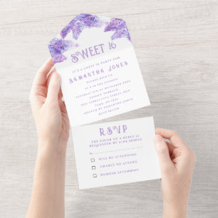 Rustikale lila Flieder Sweet 16 Florale Sechzehn All In One Einladung