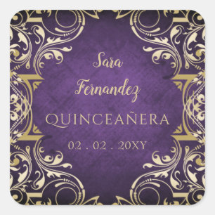 Rustikale lila-goldene elegante Quinceanera Quadratischer Aufkleber
