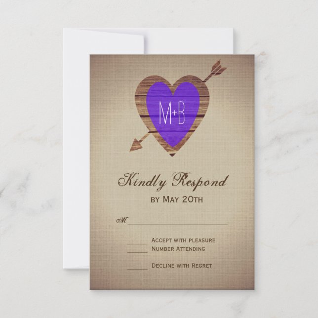 Rustikale Lila Heart Arrow Wedding RSVP Cards Karte (Vorderseite)
