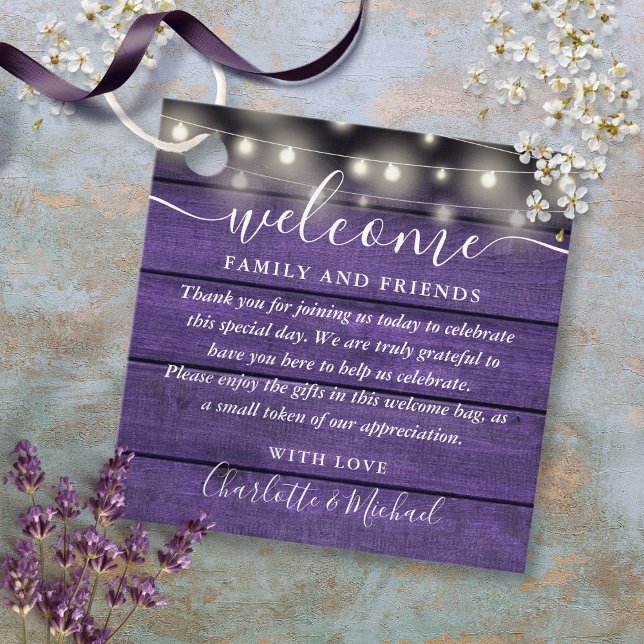 Rustikale Lila Hochzeitsgeschenk-Beutel Geschenkanhänger (Rustic Purple Wedding Welcome Gift Basket Bag Favor Tags)