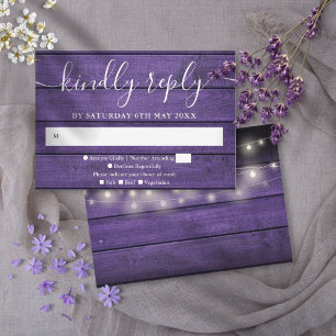 Rustikale lila Holz-Lichterkette Hochzeit RSVP Karte