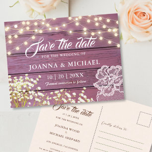 Rustikale Lila Holz-Lichterkette Save-the-Date Postkarte