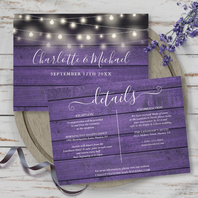 Rustikale Lila Holzsaitenleuchten Hochzeitsdetails Einladung (Rustic Purple Wood String Lights Wedding Details Invitation)