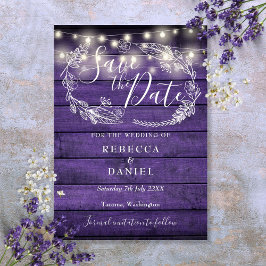 Rustikale Lila Holzsaitenlichter Save The Date
