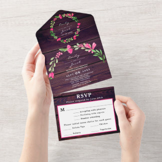 Rustikale Lila Holzstämme Rosa Blumenstrauß UAWG All In One Einladung