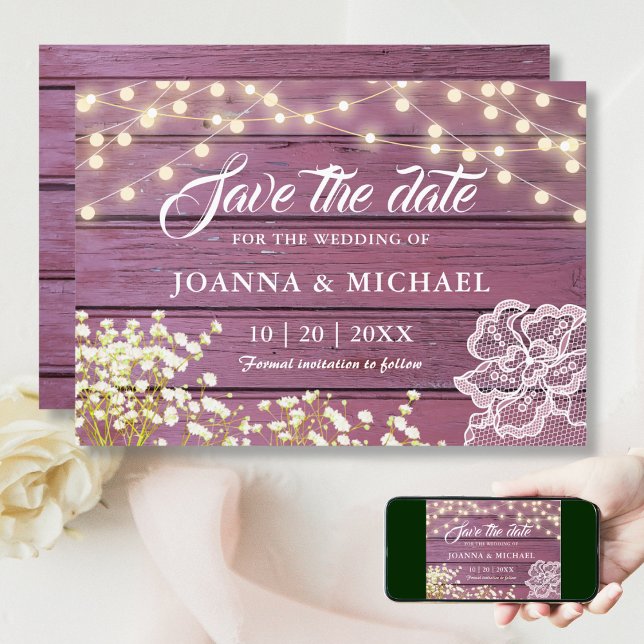 Rustikale, Lila Holzwinger-Leuchten & Spitzen Save The Date (Von Creator hochgeladen)