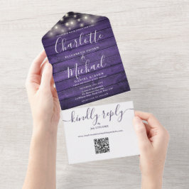 Rustikale Lila Holzzeichenbeleuchtung QR-Code Hoch All In One Einladung