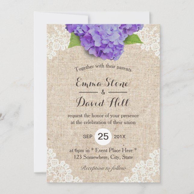 Rustikale Lila Hydrangea-Floral Lace Burlap Weddin Einladung (Vorderseite)