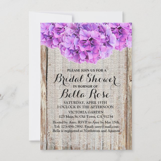 Rustikale lila Hydrangeas Brautparty ph1 Einladung (Vorderseite)