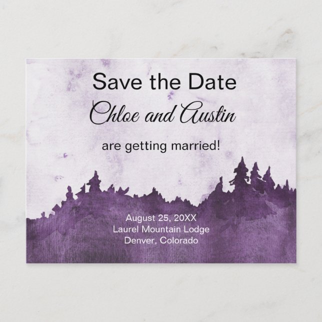 Rustikale Lila Jewel Tone Landschaft Save the Date Postkarte (Vorderseite)