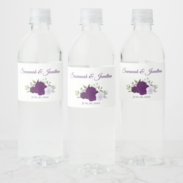 Rustikale Lila & Lavender Rose Elegante Hochzeit Wasserflaschenetikett (Flaschen)