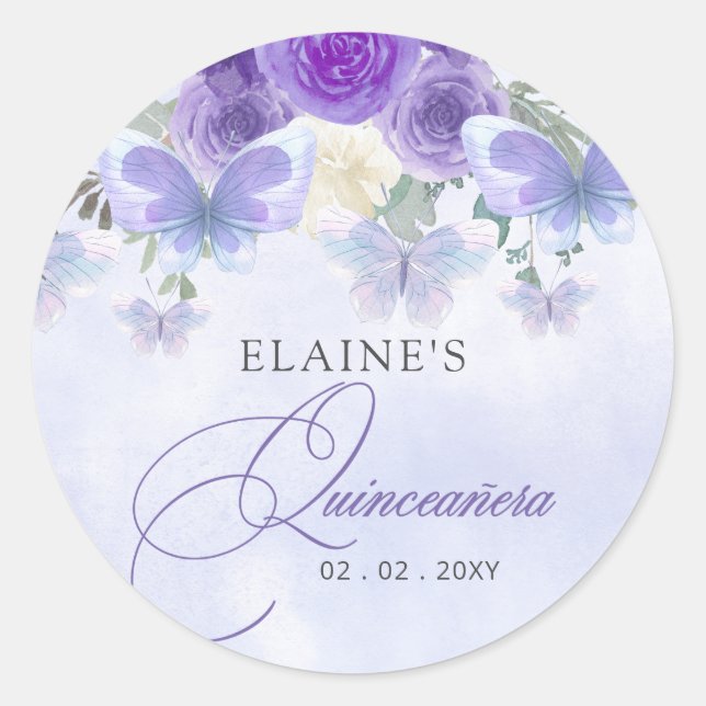 Rustikale Lila Lilac Butterfliegen Quinceanera Runder Aufkleber (Vorderseite)