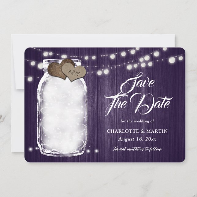 Rustikale Lila Mason Jar Holzwinger Hochzeit Save The Date (Vorderseite)