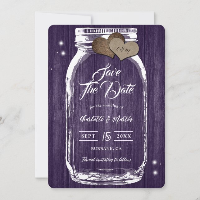 Rustikale Lila Mason Jar Wood Hochzeit im Herbst Save The Date (Vorderseite)