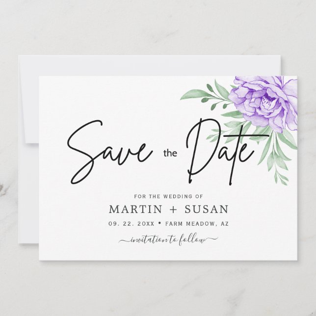 Rustikale Lila Rose Floral Eucalyptus Boho Wedding Save The Date (Vorderseite)