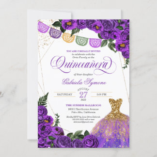 Rustikale Lila Rose Glitzer Gown Fiesta Quinceañer Einladung