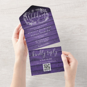 Rustikale lila Scheunenholz-QR-Code-Blumenhochzeit All In One Einladung