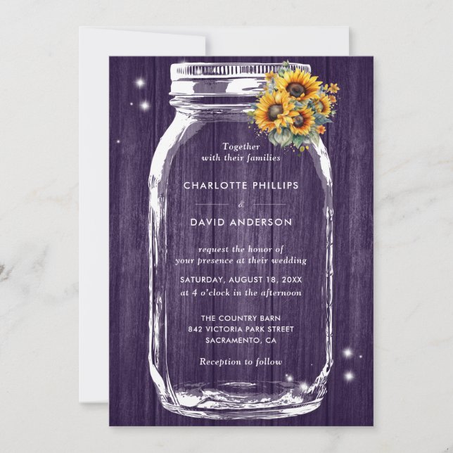 Rustikale Lila Sonnenblume Mason Jar Wedding Einladung (Vorderseite)
