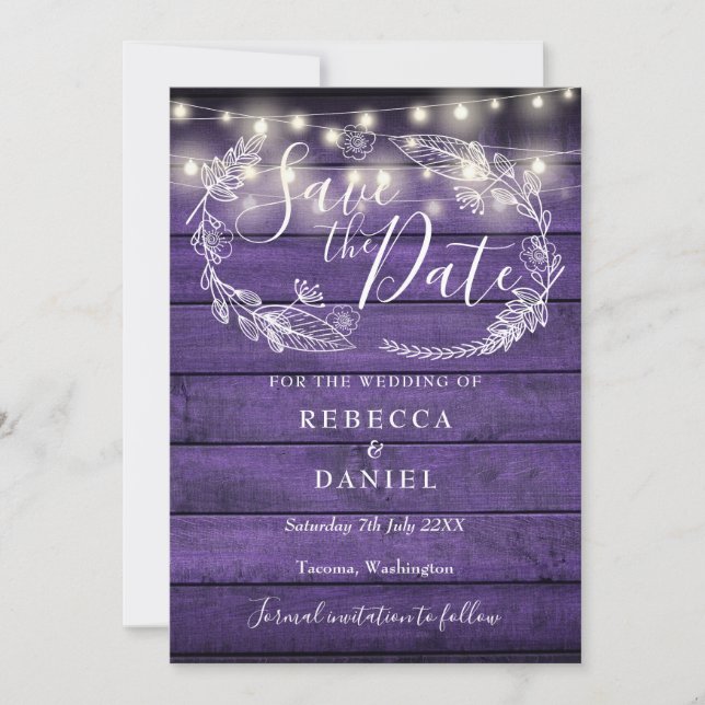 Rustikale Lila String Lights Blumenhochzeit Foto Save The Date (Vorderseite)