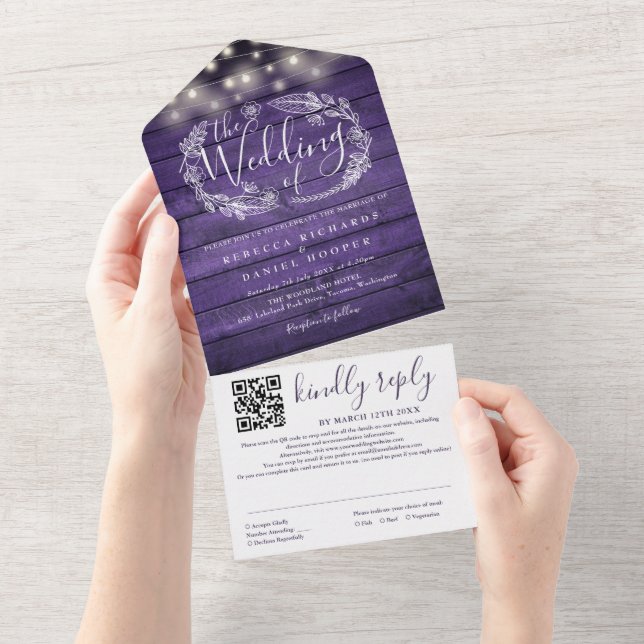 Rustikale Lila String Lights Floral QR Code Hochze All In One Einladung (Abreißen)