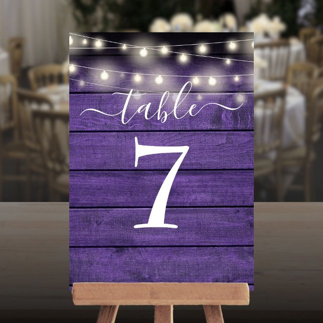 Rustikale Lila Tischnummer von Holzsaitenleuchten (Rustic Purple Wood String Lights Table Number)
