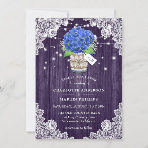 Rustikale Lila und Blaue Hydrangea Hochzeit Einladung