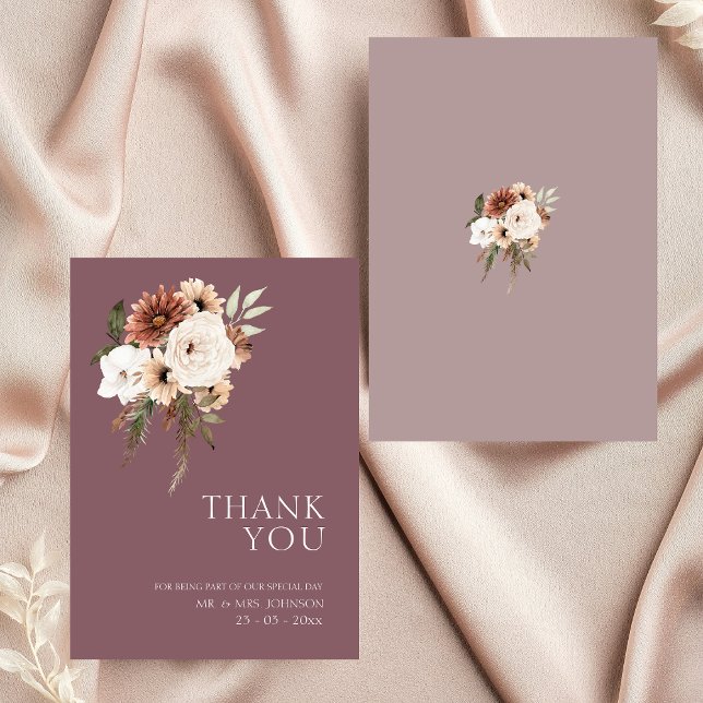 Rustikale Lila und Pfirsichblütenhochzeit Dankeskarte (Rustic Purple and Peach Floral Wedding Thank You Card)
