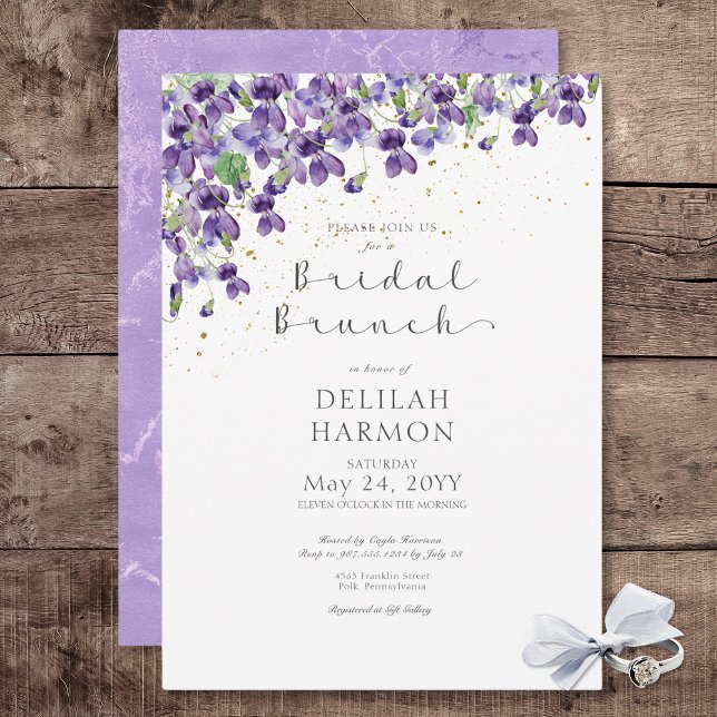 Rustikale Lila Wasserfarben Violets Bridal Brunch Einladung (Rustic Purple Watercolor Violets Bridal Brunch Invitation)