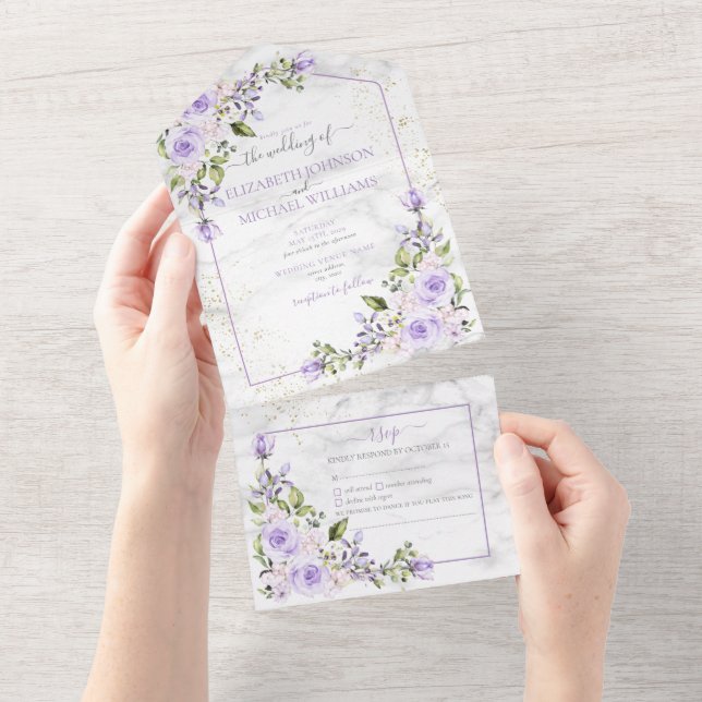 Rustikale Lilac Lavender Gold Marble Floral Weddin All In One Einladung (Abreißen)