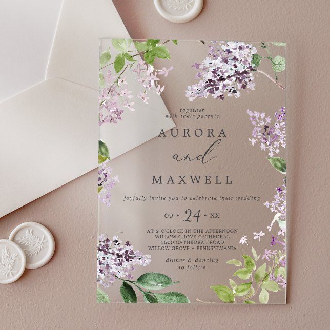 Rustikale Lilac Moderne Boho Hochzeit mit floralen Acryleinladungen (Rustic Lilac Modern Boho Watercolor Floral Wedding Acrylic Invitations)