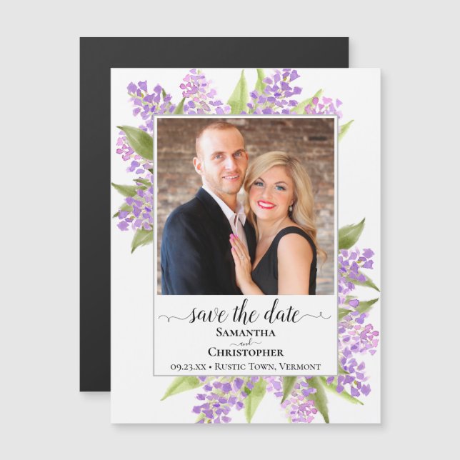 Rustikale Lilacs & Foto White Wedding Save the Dat Magneteinladung (Vorne/Hinten)