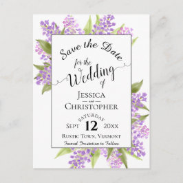 Rustikale Lilacs & Kalligrafie-Hochzeit retten das Ankündigungspostkarte