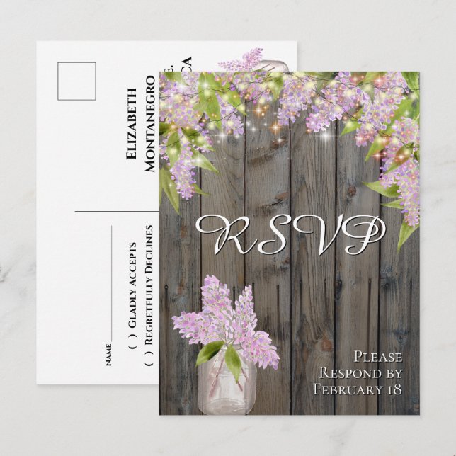 Rustikale Lilacs mit Barnholz & Lights Wedding RSV Postkarte (Vorne/Hinten)