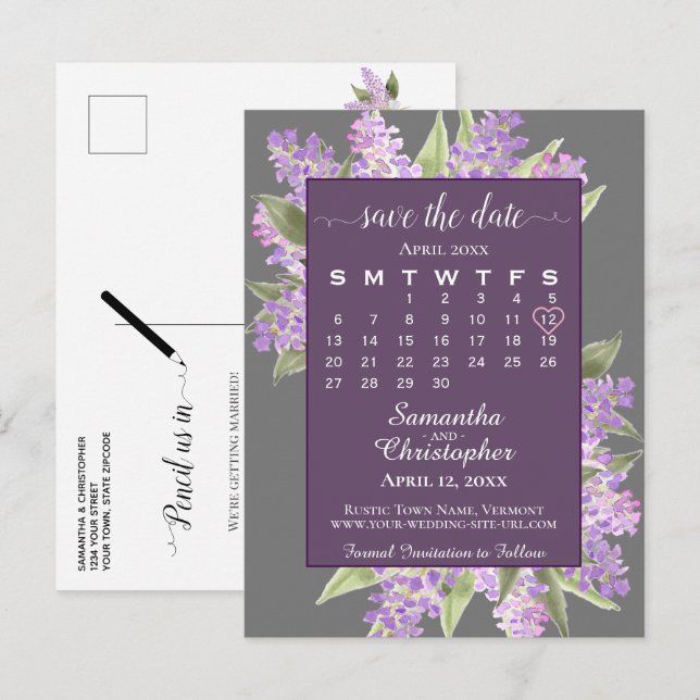 Rustikale Lilacs Wedding Save the Date Calendar Gr Ankündigungspostkarte (Vorne/Hinten)