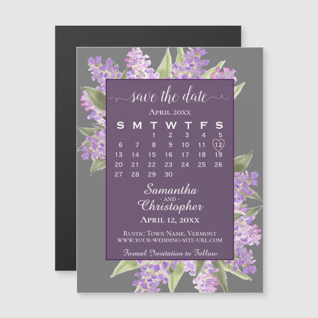 Rustikale Lilacs Wedding Save the Date Calendar Gr Magneteinladung (Vorne/Hinten)