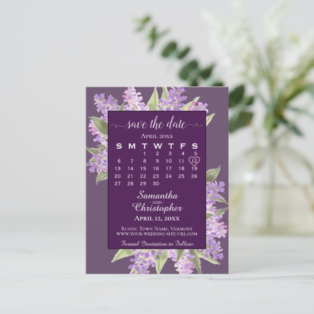 Rustikale Lilacs Wedding Save the Date Calendar Pl Ankündigungspostkarte (Stehend Vorderseite)