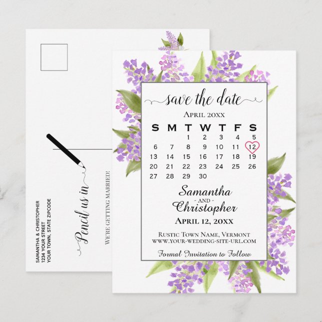 Rustikale Lilacs Wedding Save the Date Calendar Wh Ankündigungspostkarte (Vorne/Hinten)