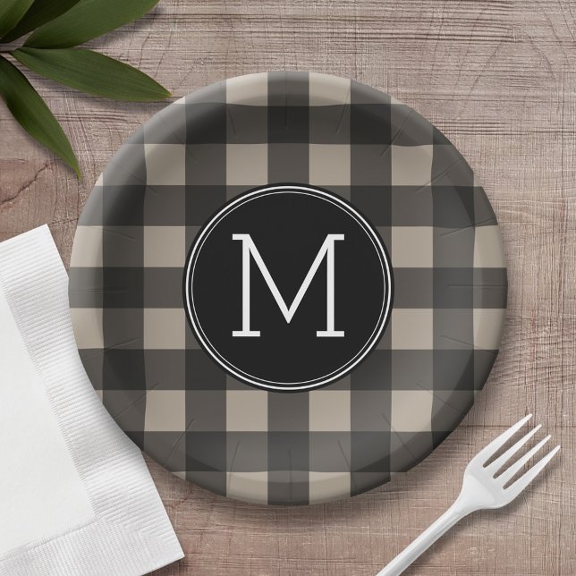 Rustikale Linen Black Buffalo Kariertes Muster Mon Pappteller (Personalized birthday plates and bowls with buffalo check pattern)